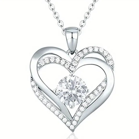 Jewelry - Diamond Double Heart Silver Toned Necklace